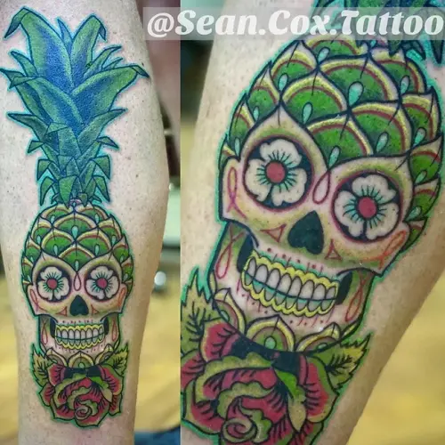Pineapple Skull Tattoo, Bold Colours, Sean Cox, Surrey