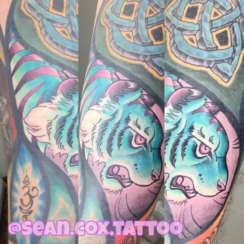 Illustrative color tiger tattoo by Sean Cox Tattoo, New West