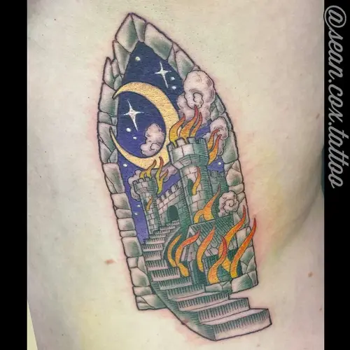 Burning Castle Window Tattoo, Colour, Sean Cox, New West