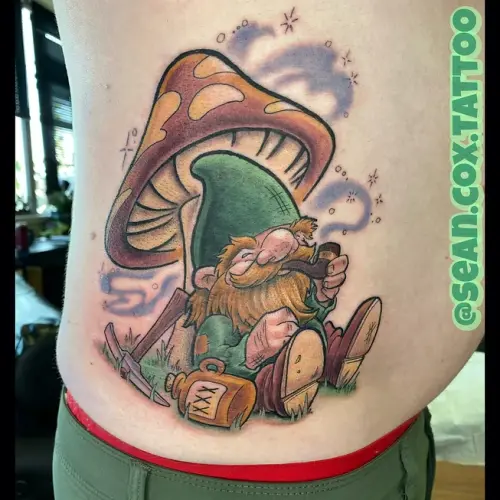 Gnome & Mushroom Color Tattoo, Sean Cox, New Westminster