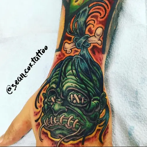 Shrunken Head Hand Tattoo, Illustrative Color, Sean Cox, New West