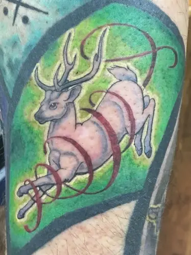 Illustrative colour deer tattoo, by Sean Cox, Vancouver