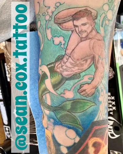 Colour merman tattoo, by Sean Cox Tattoo, New Westminster