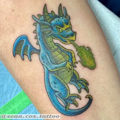 Illustrative dragon colour tattoo Sean Cox Tattoo, New West