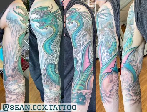 Illustrative MTG colour tattoo, by Sean Cox Tattoo, Vancouver