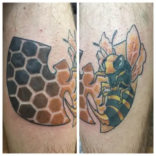 Color cartoon Wu-Tang bee tattoo by Sean Cox Tattoo, Burnaby