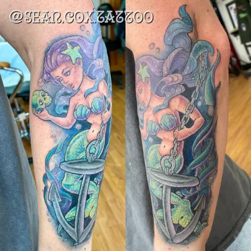 Color mermaid tattoo by Sean Cox Tattoo, Port Coquitlam 