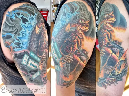 Color Godzilla cover up tattoo by Sean Cox, Tattoo, New West