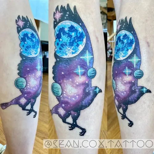 Space Crow Color Leg Tattoo By Sean Cox Tattoo, Vancouver
