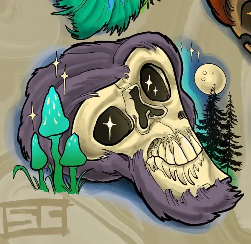 Psychedelic Bigfoot Skull with Mushrooms, Sean Cox, New West